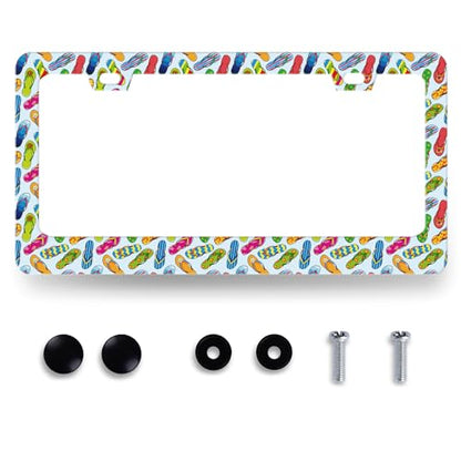 Stainless Steel Beach Flip Flops License Plate Frame 12.3 x 6.3 Inch (Funny Flip Flops Beach Print)