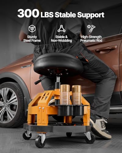 Mechanic Stool Dual Storage Trays Rolling Stool and Garage Stool with Adjustable Height 23.6 (Yellow)