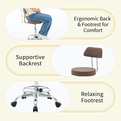 Salon Rolling Chair (Coffee Brown / With Back & Footrest)