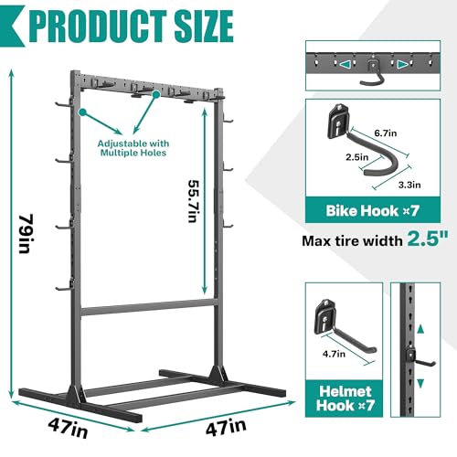 Freestanding Bike Stand Rack with Adjustable Hooks (7 Bike & 7 Helmet Hooks)