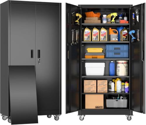 71" Metal Garage Storage Cabinet with Wheels (Black / 16"D x 32"W x 71"H)