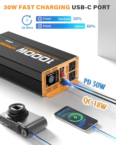 1000W Pure Sine Wave Power Inverter 12V DC to 110V 120V AC Converter with 2 AC Outlets (1000w-12v)