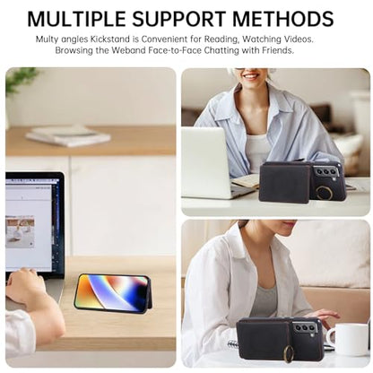 Compatible with Samsung Galaxy S22 5G Wallet Case and Screen Protector Crossbody Shoulder Strap Ring Buckle Stand Card Holder Magnetic Car Mount Phone Cover for S 22 22S 4G G5 6.1 inch Women Men Black (Black / for S22)