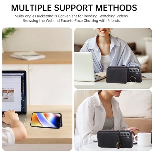 Compatible with Samsung Galaxy S21 Plus S21+ 5G Wallet Case Screen Protector Crossbody Shoulder Strap Ring Buckle Stand Card Holder Magnetic Car Mount Phone Cover for S21+5G S21plus Women Men Black (Black / for S21 Plus)