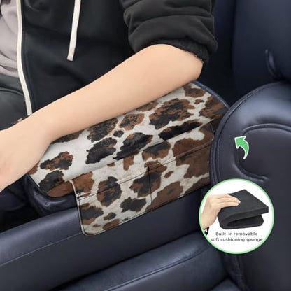 Brown Black Cow Print Car Center Console Pad Soft Armrest Cover Protector with Pockets Storage Bag Scratch Resistant Arm Rest Covering Middle Console Pad Auto Decoration (Brown Black Cow Print)