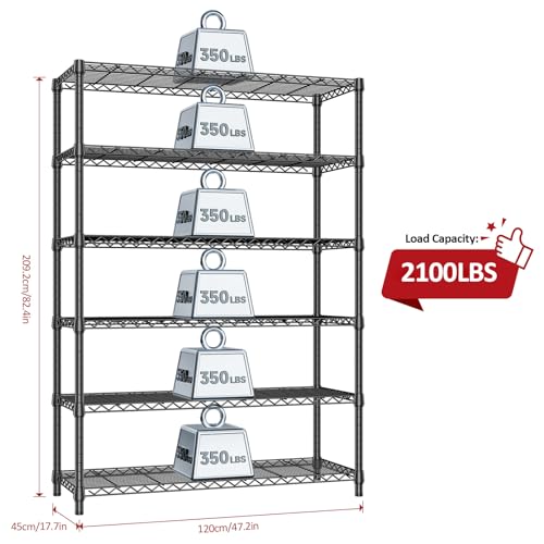 6 Tier Heavy Duty Metal Wire Shelving Unit (6 Tier, 17.7" D x 47.2" W x 82.7" H / Black)