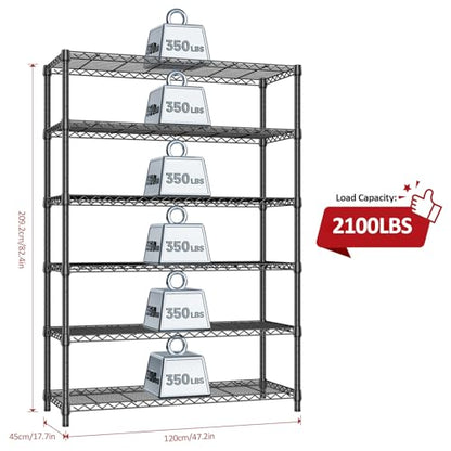 6 Tier Heavy Duty Metal Wire Shelving Unit (6 Tier, 17.7" D x 47.2" W x 82.7" H / Black)