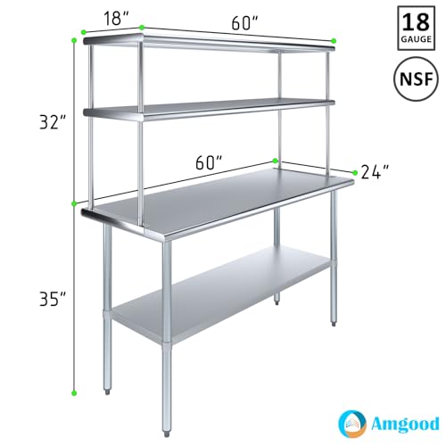 Stainless Steel Work Table Double Tier Overshelf (24" x 60" Work Table + 18" Overshelf)
