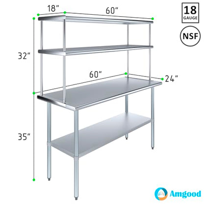 Stainless Steel Work Table Double Tier Overshelf (24" x 60" Work Table + 18" Overshelf)