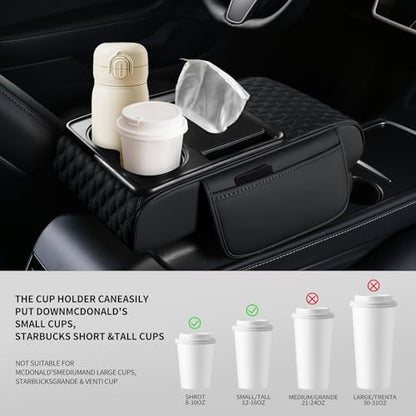 5-in-1 Car Center Console Armrest Cover Pad, Multifunctional Car Arm Rest Organizer with Cup Holder, Tissue Slot & Side Storage Pockets, Soft Leather Auto Armrest Cushion, Black (Black)