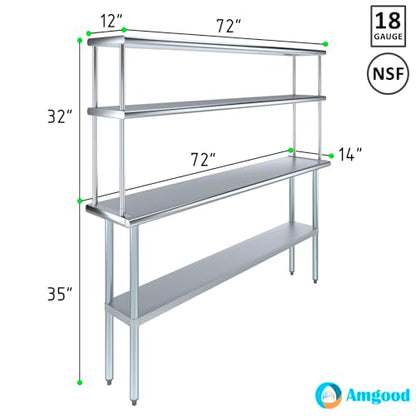 Stainless Steel Work Table Double Tier Overshelf (14" x 72" Work Table + 12" Overshelf)