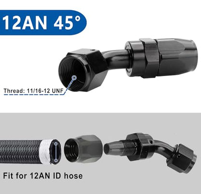 Swivel 12AN Fitting 45 Degree For CPE Braided Hose End Black 2Pcs (12AN 45° 2Pcs)