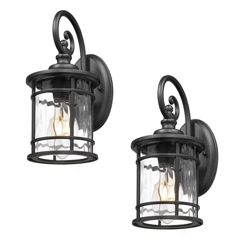 Outdoor Wall Sconces 2 Pack (Black - Water Ripple Glass / 12.4 Inch)