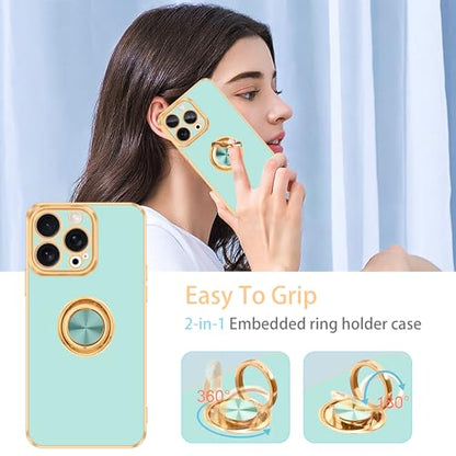 for iPhone 15 Pro Case 360° Rotatable Ring Holder Kickstand Shiny (For iPhone 15 Pro(6.1 inch,2023) / Mint Green)