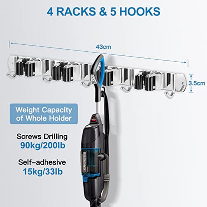 Broom Holder Wall Mount Stainless Steel Mop Organizer (Stainless Steel - 4 Racks with 5 Hooks / 1 Pack)
