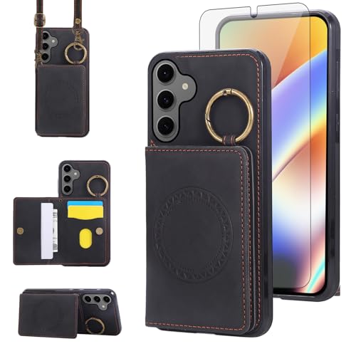 Compatible with Samsung Galaxy Samsung Galaxy S26 5G Wallet Case Screen Protector Crossbody Shoulder Strap Ring Buckle Stand Card Holder Magnetic Car Mount Phone Cover for S 26 26S Women Men Black (Black / for S26)