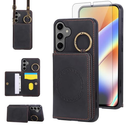 Compatible with Samsung Galaxy Samsung Galaxy S26 5G Wallet Case Screen Protector Crossbody Shoulder Strap Ring Buckle Stand Card Holder Magnetic Car Mount Phone Cover for S 26 26S Women Men Black (Black / for S26)