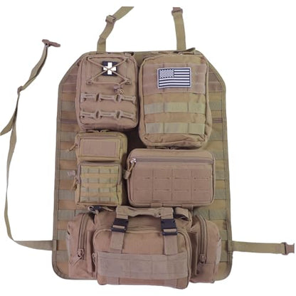 Universal Tactical Seat Back Organizer Vehicle Molle Panel Organizer Storage Bag with 5 Detachable Molle Pouch for All Vehicel Such as Jeep (Upgraded-B-Khaki)