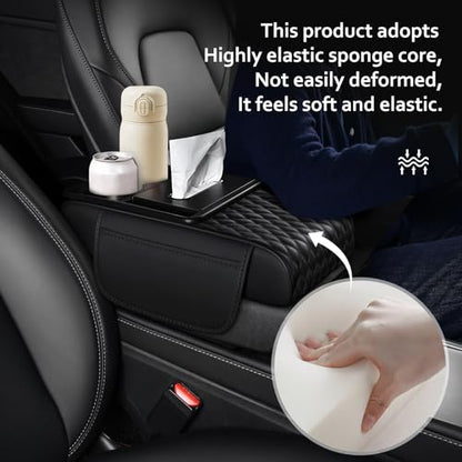 5-in-1 Car Center Console Armrest Cover Pad, Multifunctional Car Arm Rest Organizer with Cup Holder, Tissue Slot & Side Storage Pockets, Soft Leather Auto Armrest Cushion, Black (Black)