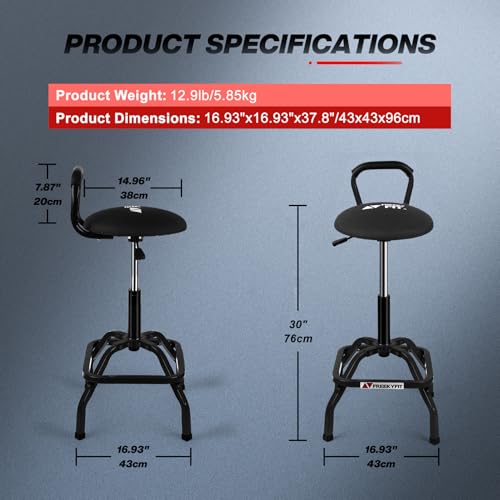 Garage Stool Adjustable Height Swivel Work Mechanic Shop Stool with Backrest (Black)
