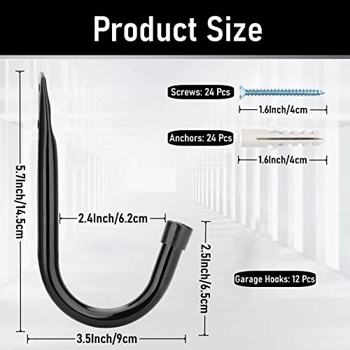 Garage Storage Hooks 3.5Inch Heavy Duty Wall Mounted Garage Utility Hooks 12 Pack Hangers Great for Tools Bikes Ladders Chairs (Single J Hook)