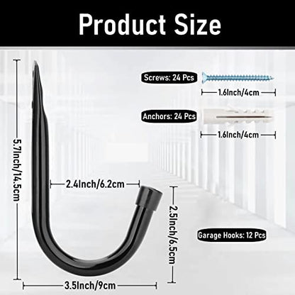 Garage Storage Hooks 3.5Inch Heavy Duty Wall Mounted Garage Utility Hooks 12 Pack Hangers Great for Tools Bikes Ladders Chairs (Single J Hook)