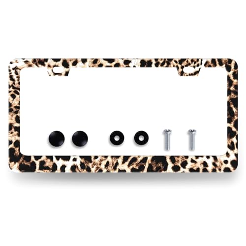 Stainless Steel Animal Brown Leopard License Plate Frame 12.2 x 6.2 Inch (Brown Leopard Retro Prints)