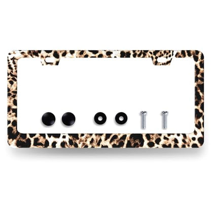 Stainless Steel Animal Brown Leopard License Plate Frame 12.2 x 6.2 Inch (Brown Leopard Retro Prints)