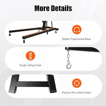 Folding Engine Crane 2 Ton Folding Engine Hoist 4400lbs Crane Hoist Lift with 6 Iron Caster Wheels for Garage (Black-A / 2T-4400lbs)