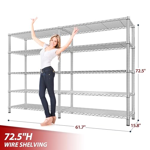 1500LBS Storage Shelves 61.7''W Wire Shelving Unit 5 Tier Metal Shelving for Storage Rack Shelves Heavy Duty Garage Shelf Pantry Shelves Kitchen Shelving (Chrome-15.8" Dx61.7" Wx72.4" H-5 Tier)