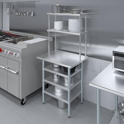 24" x 30" Stainless Steel Work Table with 3 Shelves and 12" Wide Double Tier Overshelf (24" x 30" Table with 3 Shelves + 12" Overshelf)