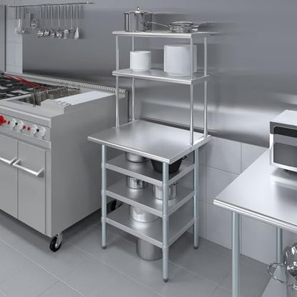 24" x 30" Stainless Steel Work Table with 3 Shelves and 12" Wide Double Tier Overshelf (24" x 30" Table with 3 Shelves + 12" Overshelf)