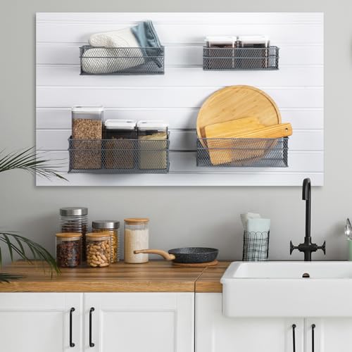 4 Pcs Slatwall Basket Set Ventilated Metal Slatwall Basket Hanging Wire Bins Wall Mounted Accessories for Panel Garage Storage Display Organizing (Assorted Sizes / Grey)