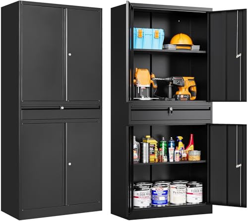 Metal Garage Storage Cabinet with Drawer and Lock (71"H x 31.5"W x 16"D / Black)