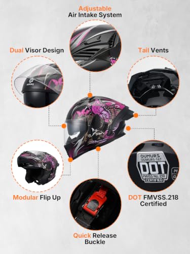 DOT Approved Modular Motorcycle Full Face Helmets Butterfly Pink (Butterfly Pink / XX-Large)