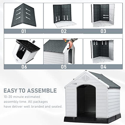 Durable Waterproof Plastic Dog House for Small to Large Sized Dogs (Gray / 34"L x 31"W x 32"H)