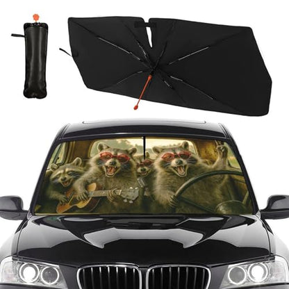 Funny Raccoon Car Windshield Sun Shade Umbrella Bendable Handle Foldable Animal Print Sunshade for Car Windshield Block UV Rays Keep Vehicle Cool for Most Sedans SUV Trucks Cars 57"x30" (147*75cm,33*11cm / Funny Raccoon)