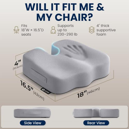 Seat Cushion Memory Foam Chair Pad for Tailbone Pain Relief (Light Gray / X-Large)