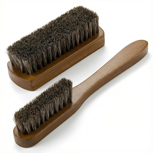 Leather & Upholstery Cleaning Brush Set with Compact Wood Handle (Brown)
