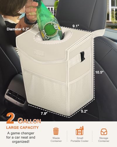 Car Trash Can with Lid Leakproof Car Garbage Bag Vehicle Trash Bin (2 Gallons / Ivory)