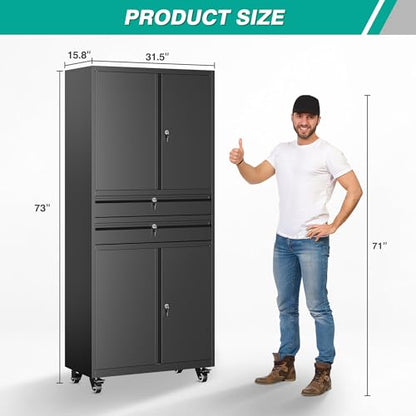 Metal Storage Cabinet with Wheels and Drawers (73"H x 31.5"W x 16"D-B / Black)