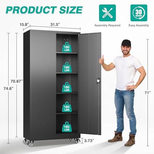 Metal Storage Cabinet with Wheels (75"H x 31.5"W x 16"D / Black)