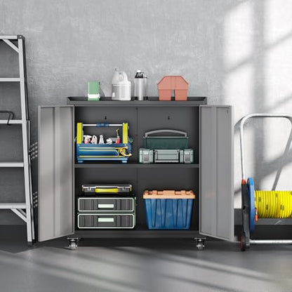 Metal Garage Storage Cabinet with Wheels (Black&gray / 34.3"H Tool Cabinet(2-Door))