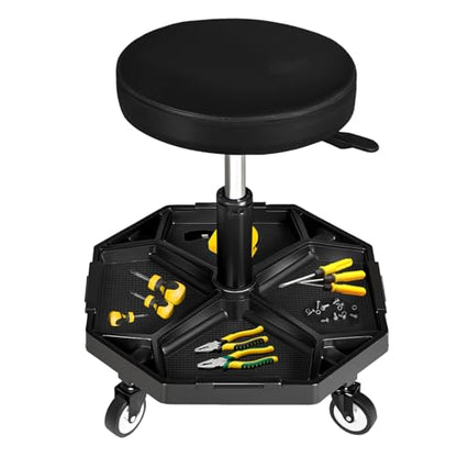 Rolling Garage Seat with Wheels Adjustable Height Pneumatic Mechanic Stool 300Lbs Heavy Duty Shop Creeper Seat with 4 Removable Storage Tool Tray Workshop Chair for Auto Repair (Black)