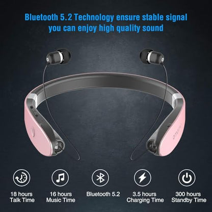Foldable Bluetooth Headphones Wireless Neckband Headset with Retractable Earbuds (Rose Gold)