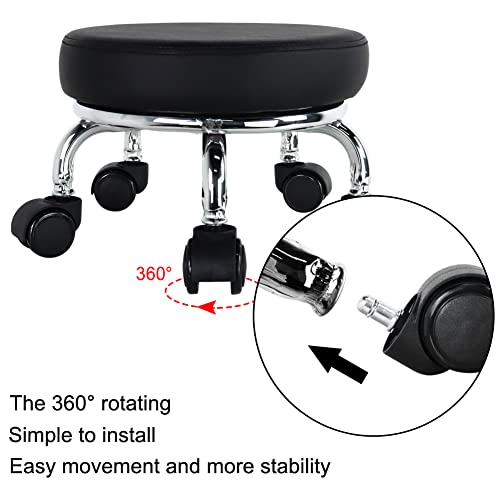 Modern Roller Seat PU Leather Low Round Rolling Stool 360° Swivel Small Seat with Universal Wheels Foot Stool for Home Office Garage Shop Fitness Sport H：8.6" （Black） (Black)