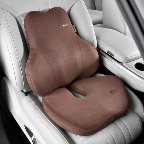 Memory Foam Car Seat Cushion and Lumbar Support Pillow for Car (Coffee / 2 Pieces)