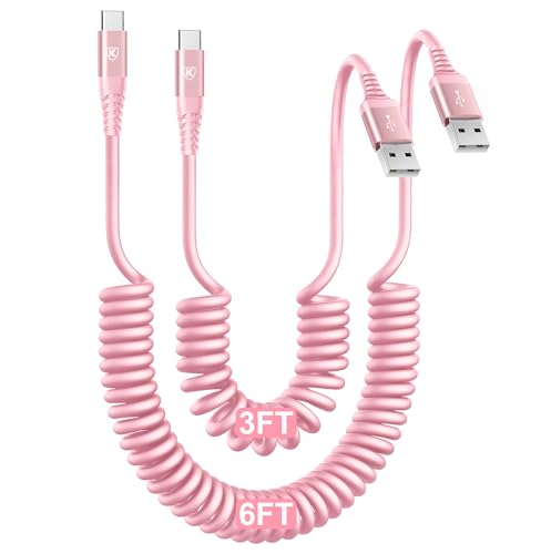 USB C Cable Fast Charging Cable [3FT+6FT] Coiled USBA to USBC Cable for Car (3FT+6FT / Pink)