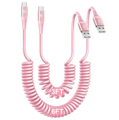 USB C Cable Fast Charging Cable [3FT+6FT] Coiled USBA to USBC Cable for Car (3FT+6FT / Pink)