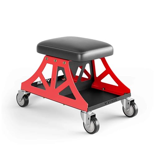 Vyper Low Pro Garage Stool with Removable Seat for Mechanics (Black Seat, Red Frame)
